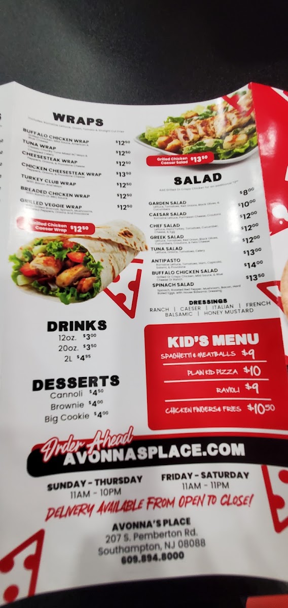 Avonna's Place menu board