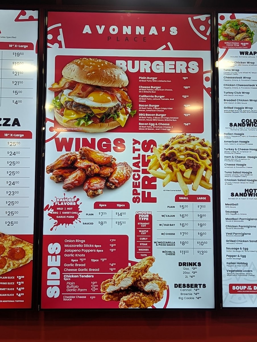 Avonna's Place menu board
