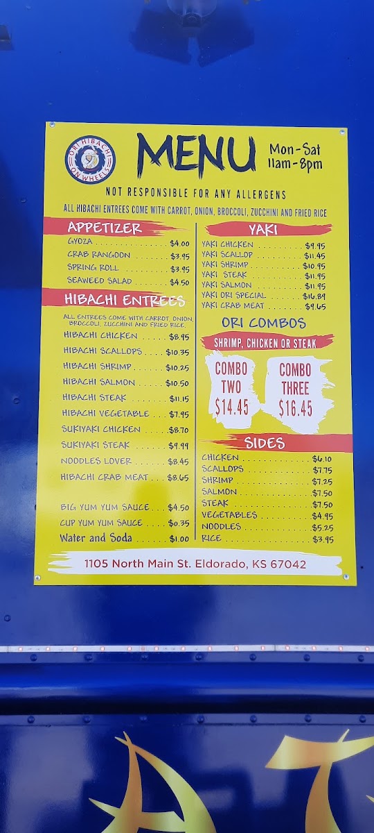 Ori Hibachi & Sushi Express El Dorado menu board