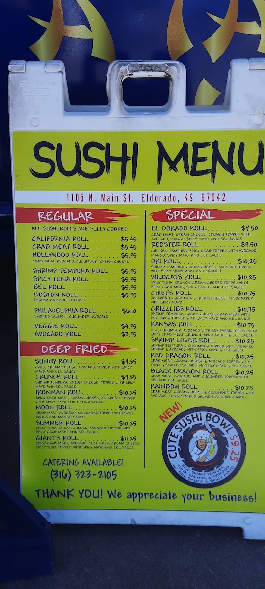 Ori Hibachi & Sushi Express El Dorado menu board