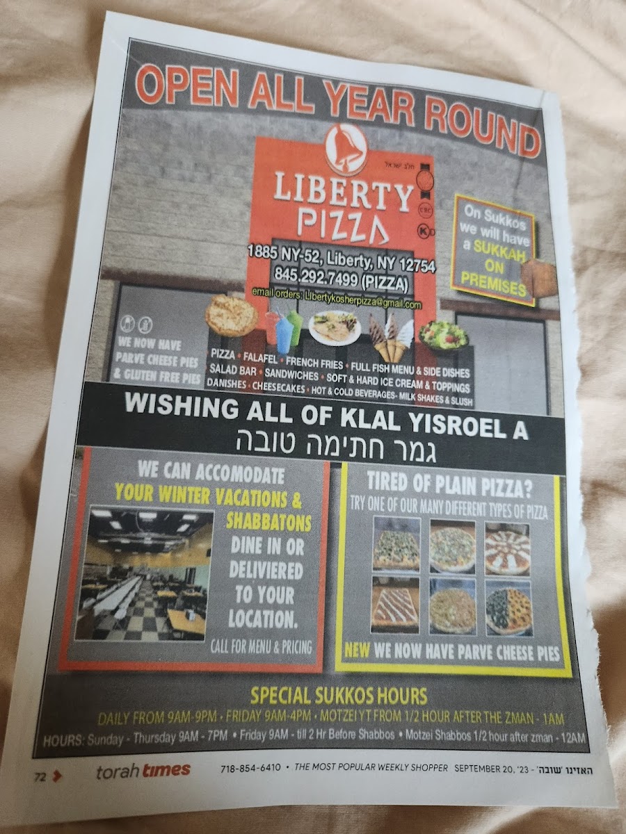 Liberty Pizza menu board