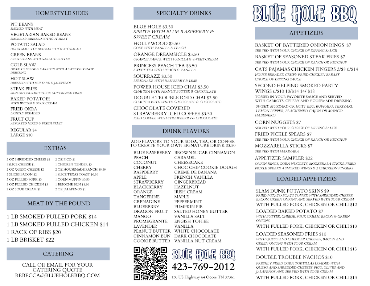 Blue Hole BBQ menu board