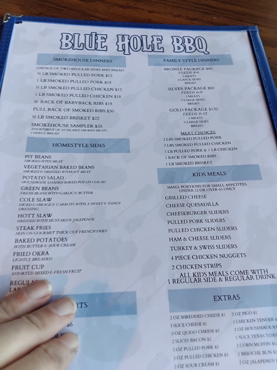 Blue Hole BBQ menu board