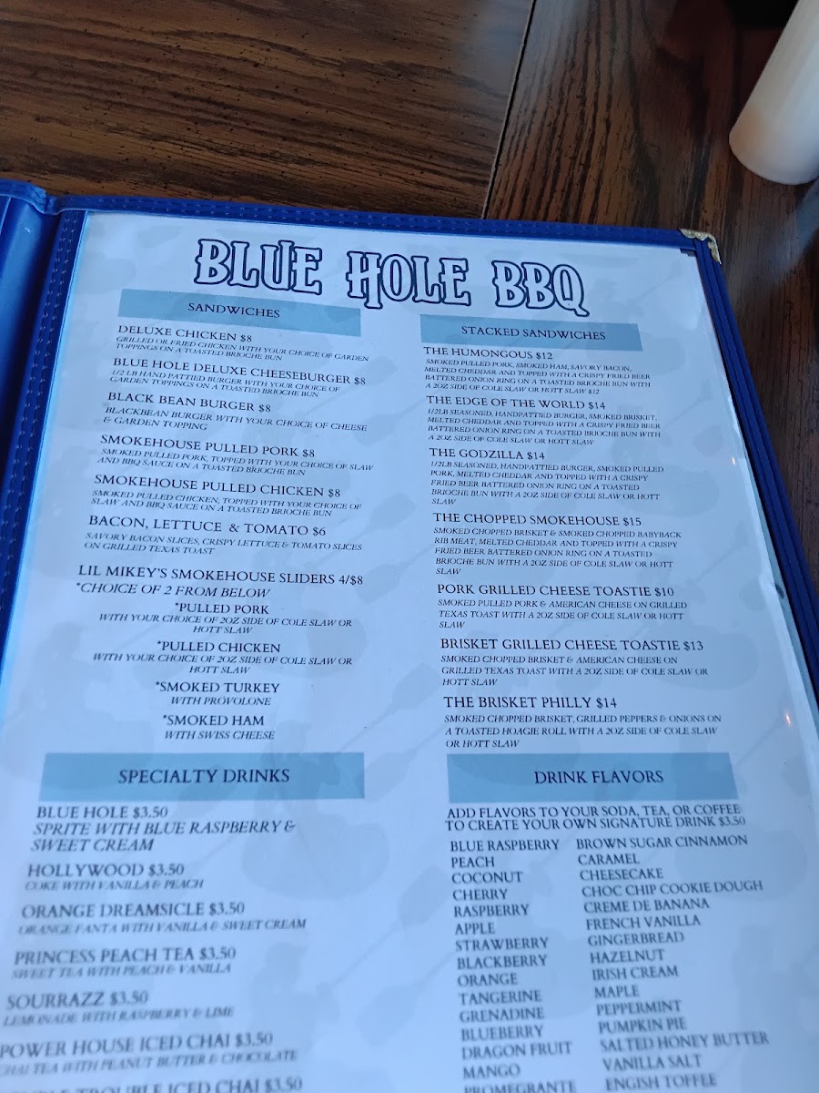 Blue Hole BBQ menu board