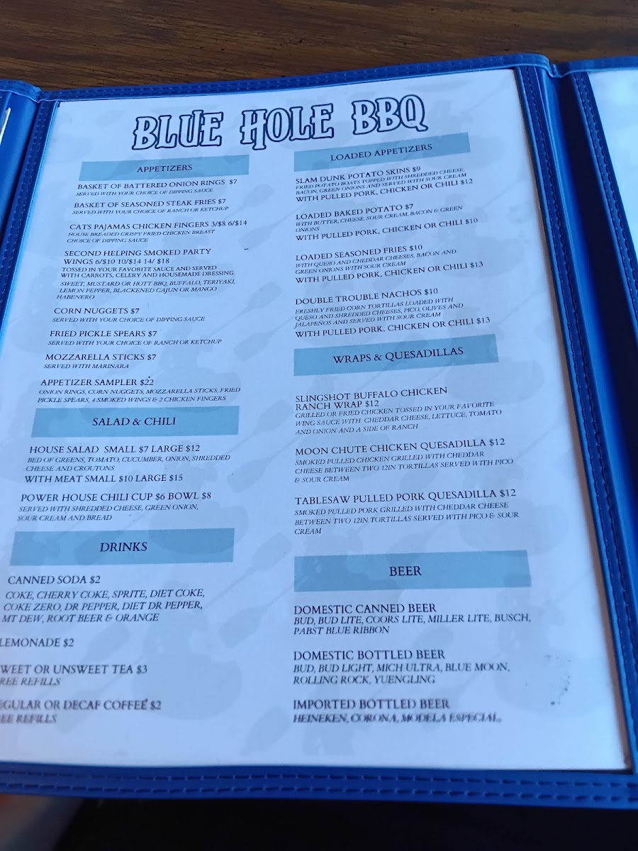 Blue Hole BBQ menu board
