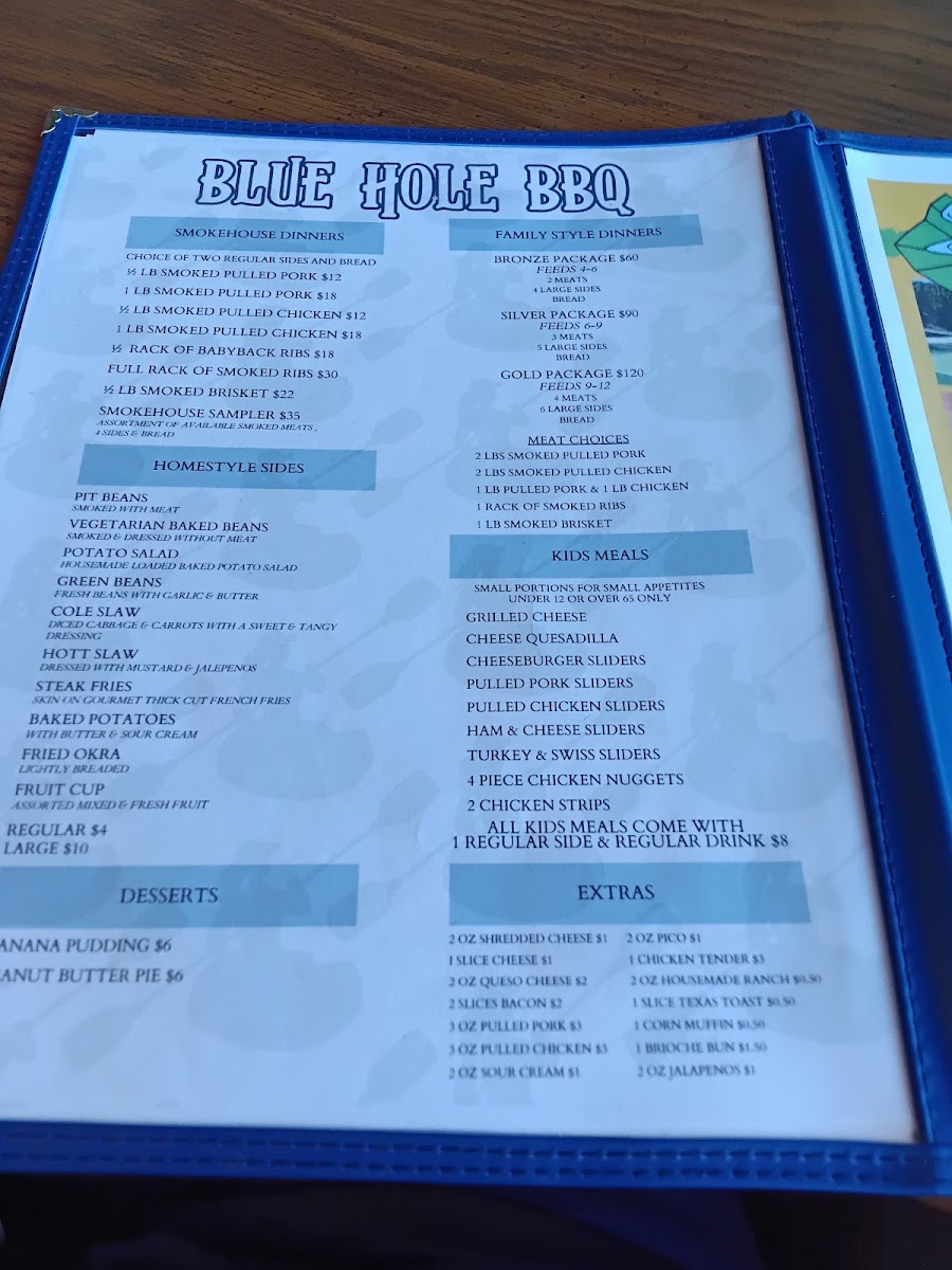 Blue Hole BBQ menu board