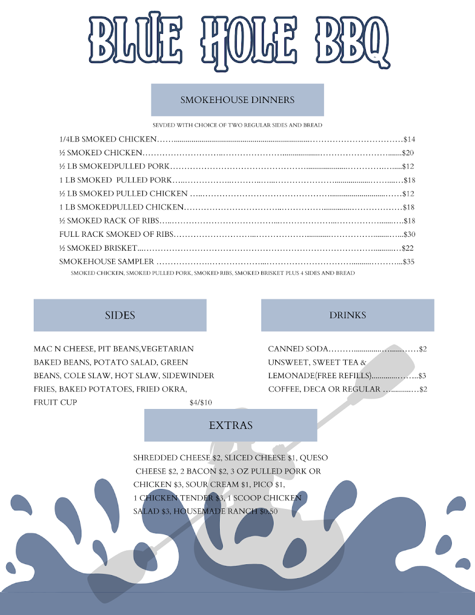 Blue Hole BBQ menu board