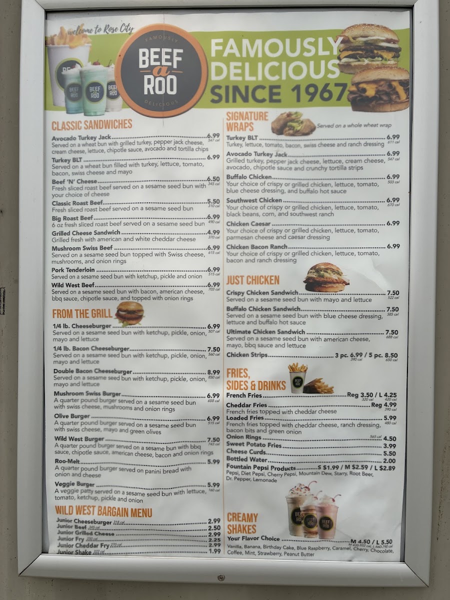 Beef-A-Roo Rose City menu board