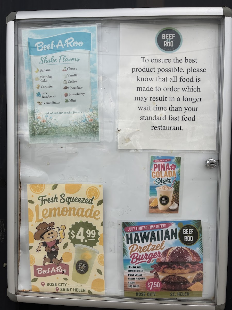 Beef-A-Roo Rose City menu board