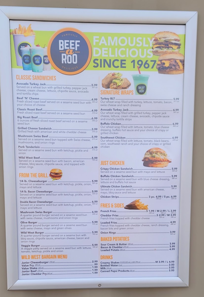 Beef-A-Roo Rose City menu board