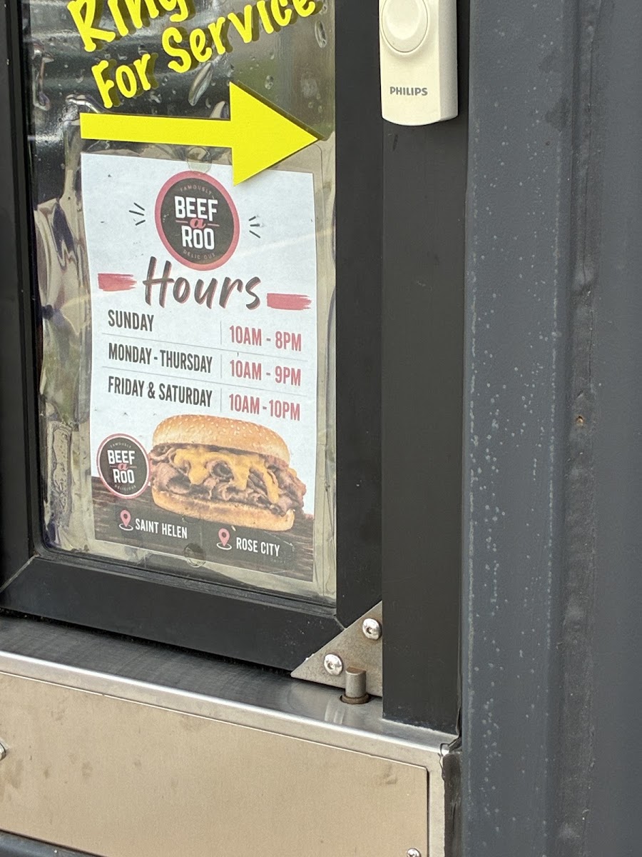 Beef-A-Roo Rose City menu board