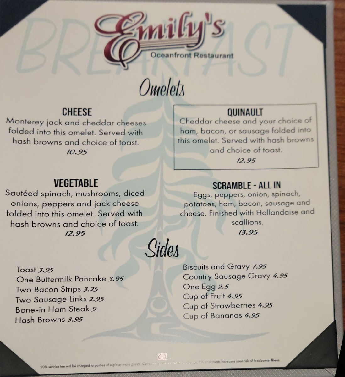 Emily's Fine Dining menu board