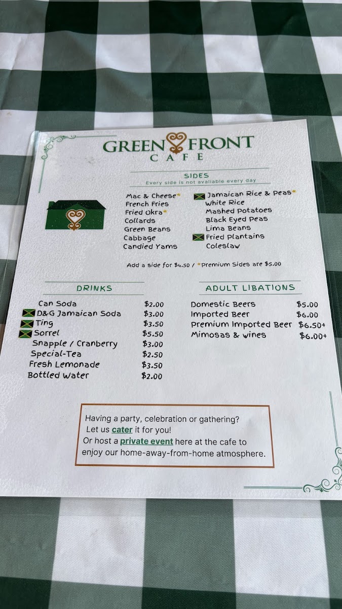 Green Front Cafe menu board