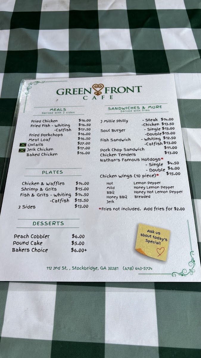 Green Front Cafe menu board