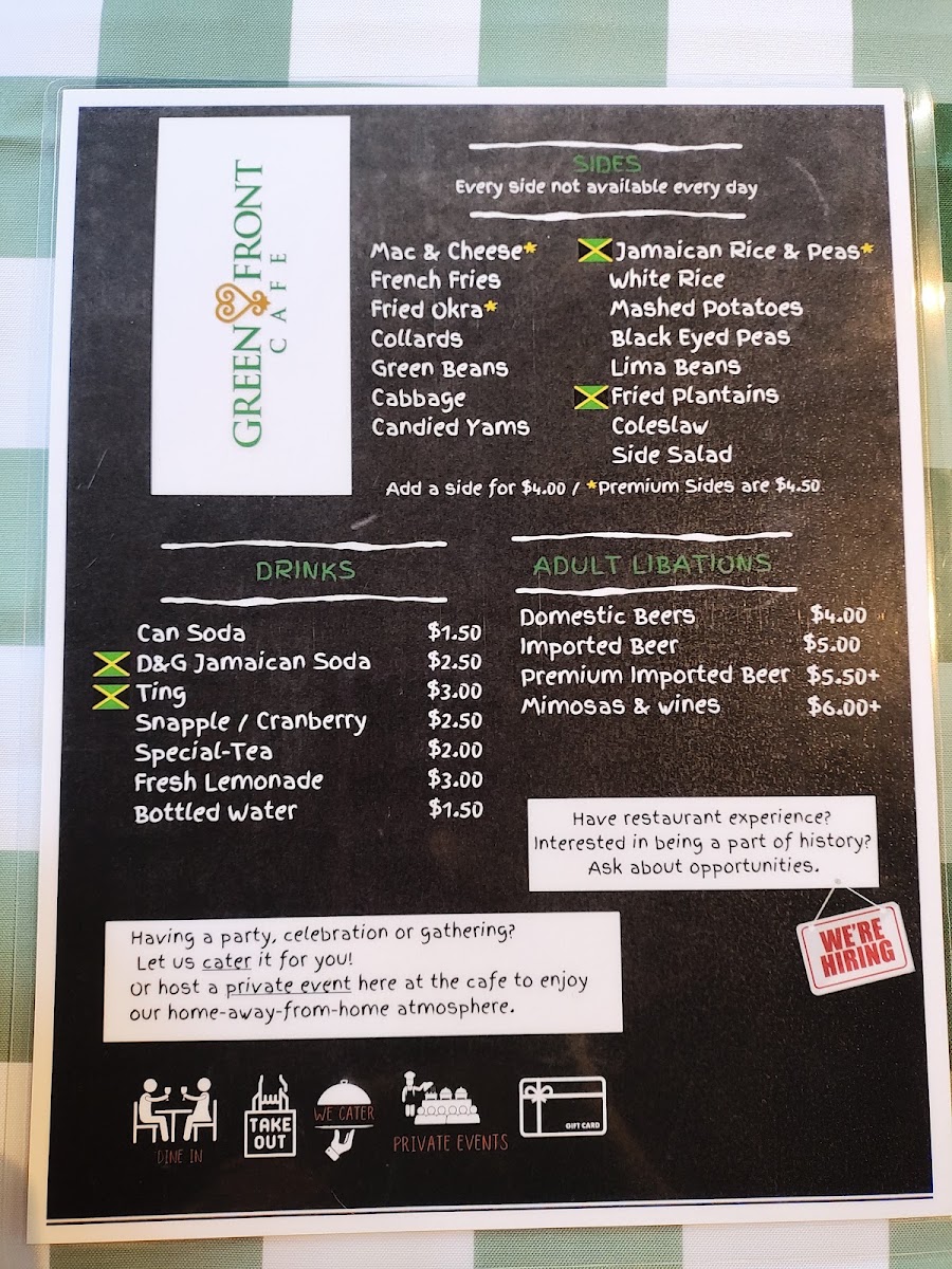 Green Front Cafe menu board