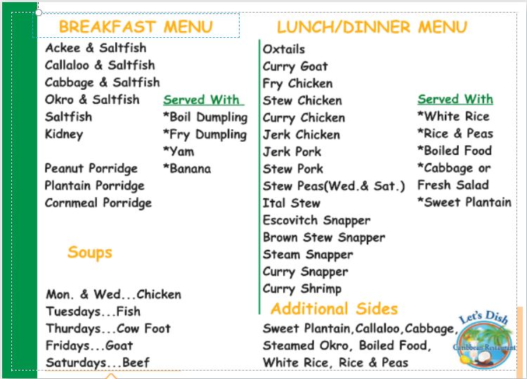 Let's Dish Caribbean Restaurant menu board