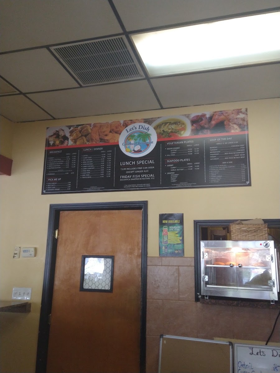 Let's Dish Caribbean Restaurant menu board