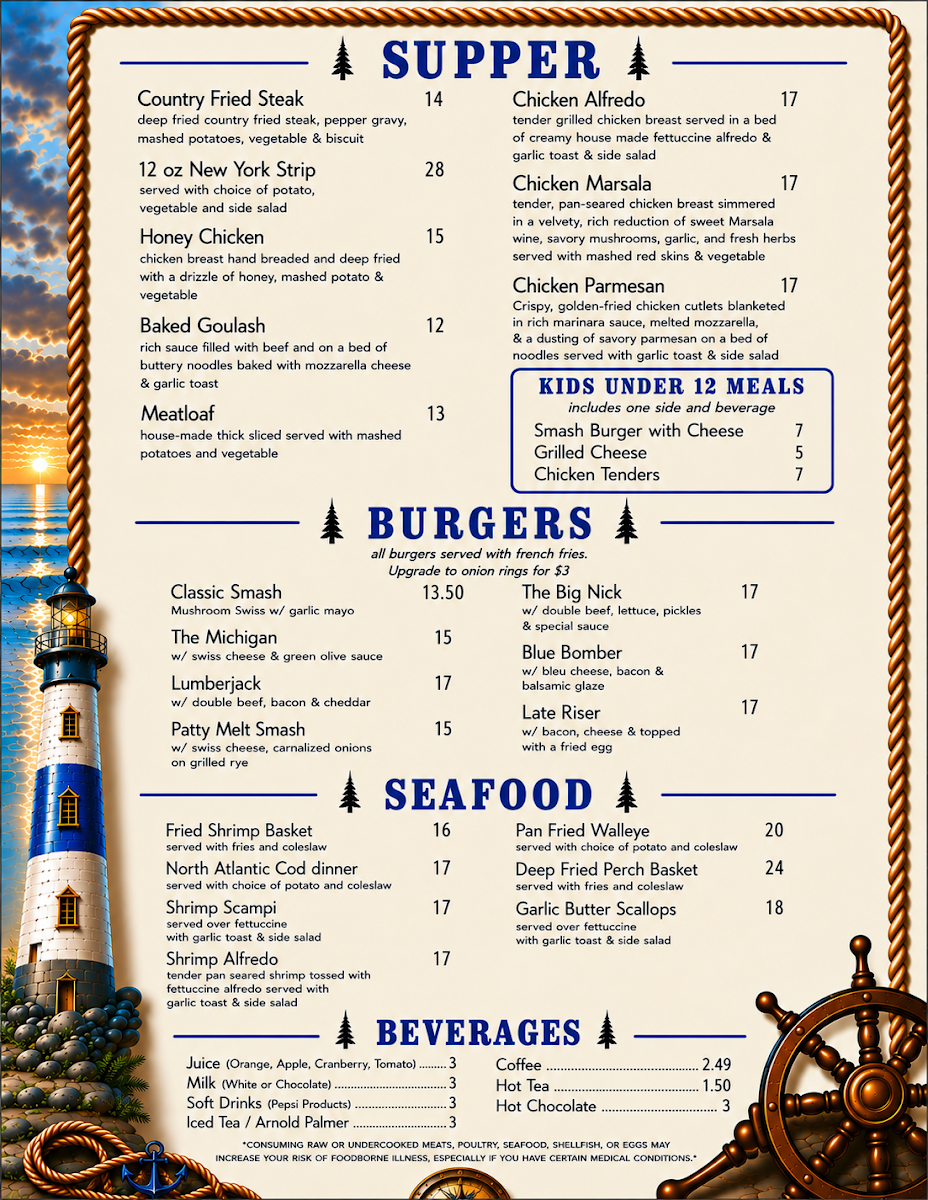 Timber & Tides Restaurant menu board