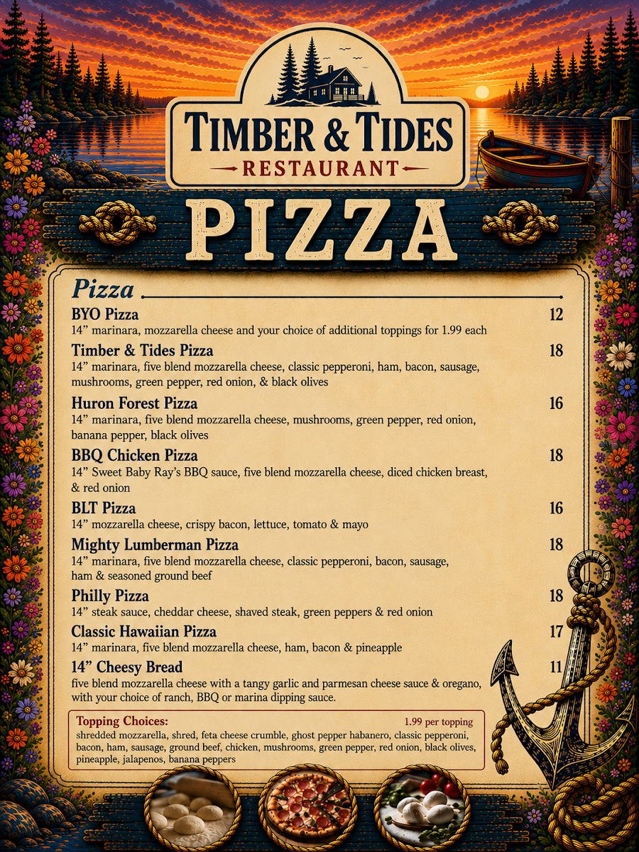 Timber & Tides Restaurant menu board