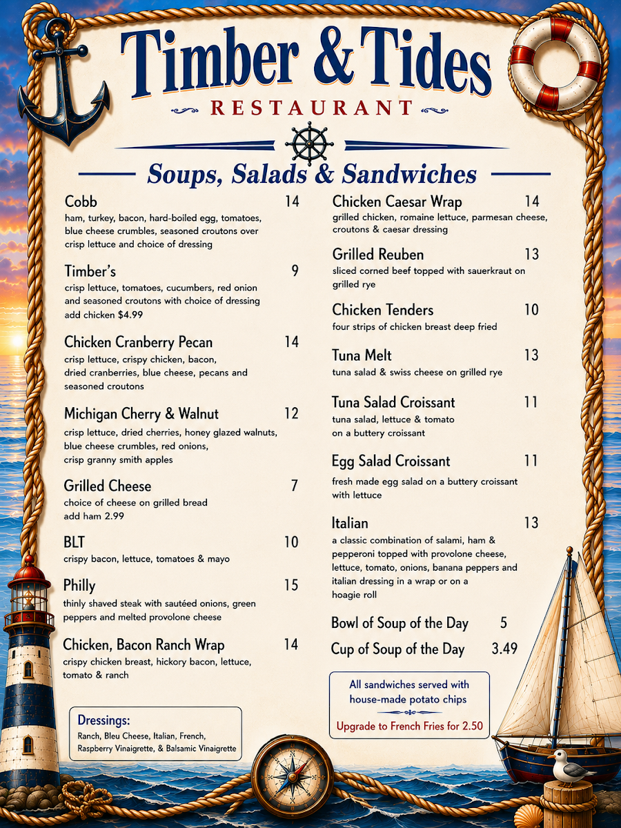 Timber & Tides Restaurant menu board