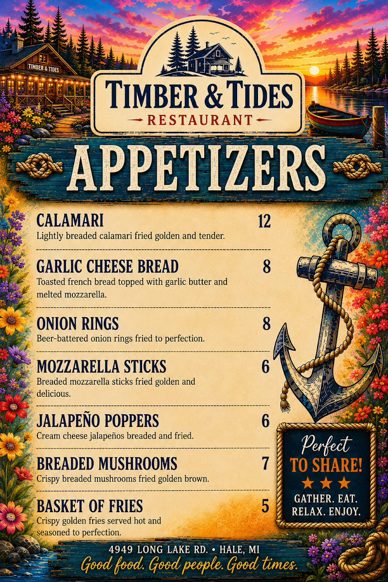 Timber & Tides Restaurant menu board