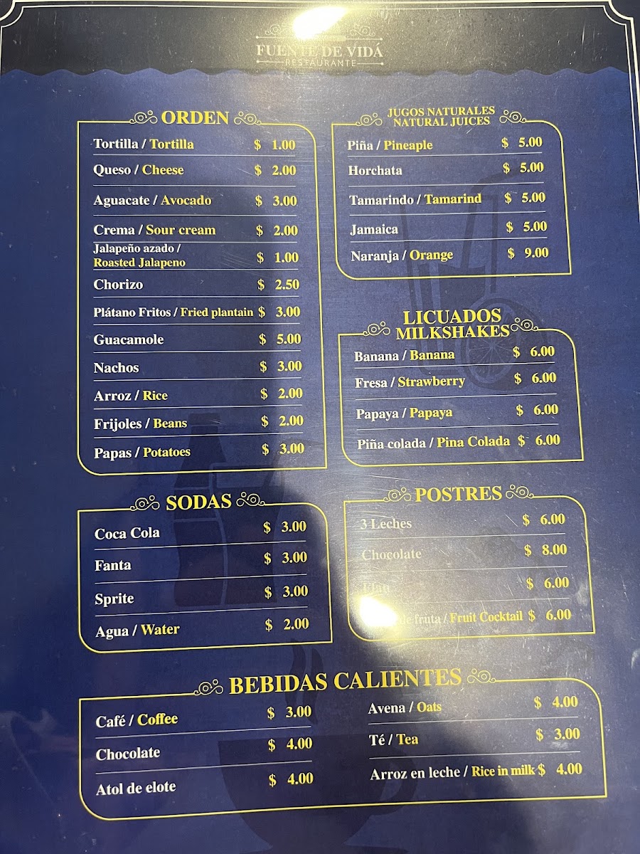 Restaurante Fuente De Vida menu board