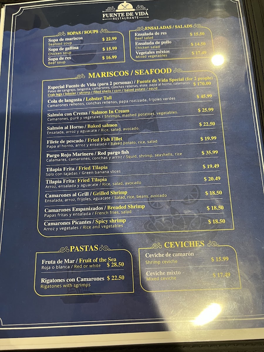 Restaurante Fuente De Vida menu board