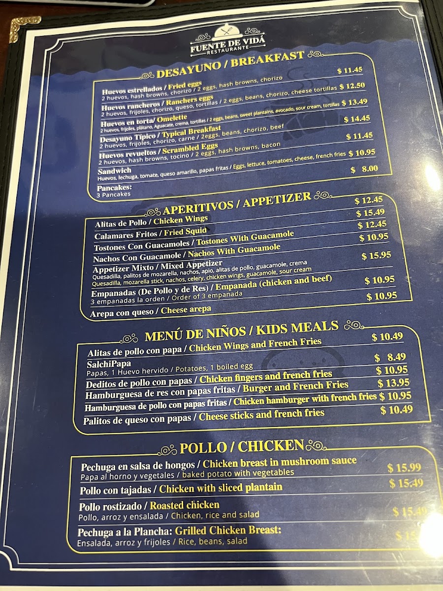 Restaurante Fuente De Vida menu board