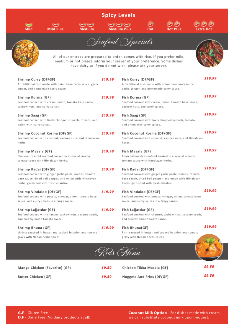 Everest Indian Kitchen menu board