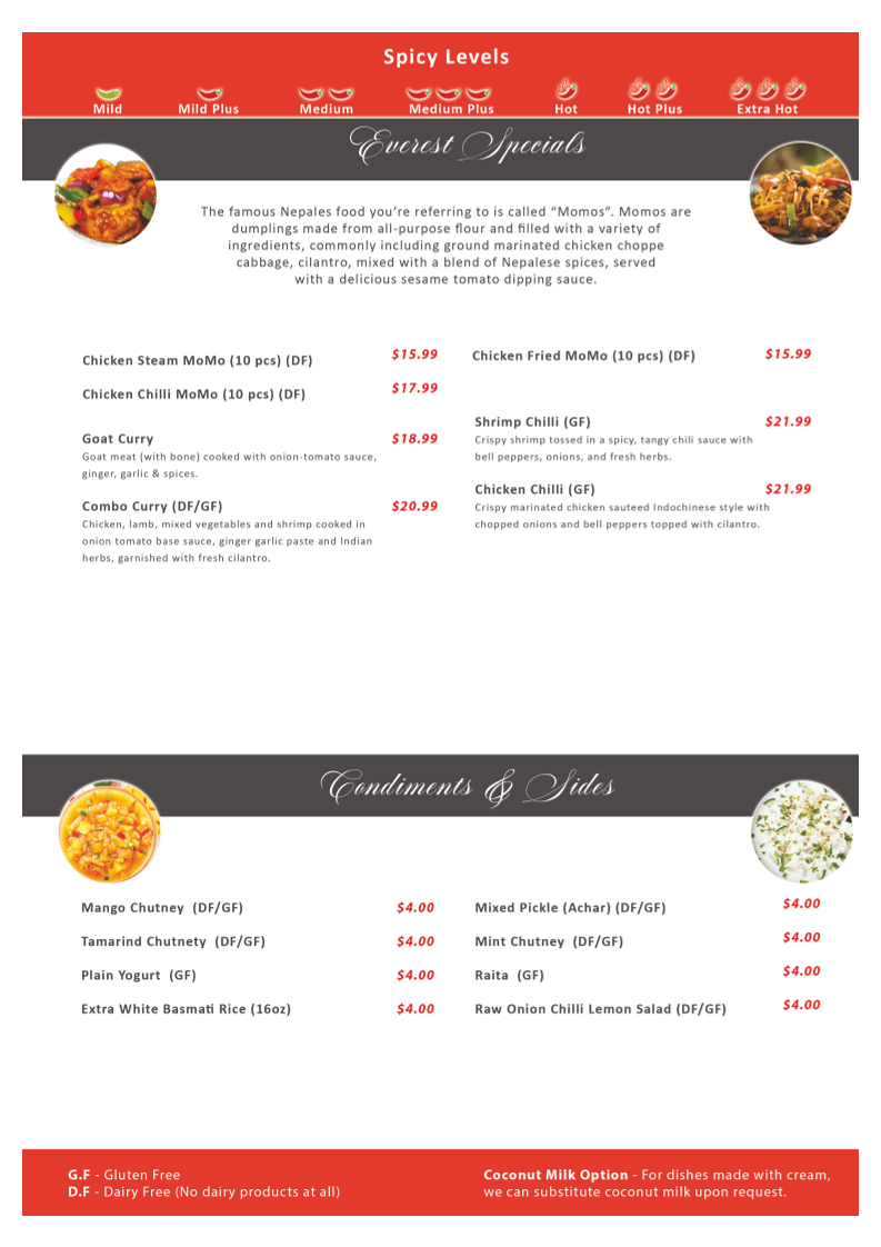 Everest Indian Kitchen menu board