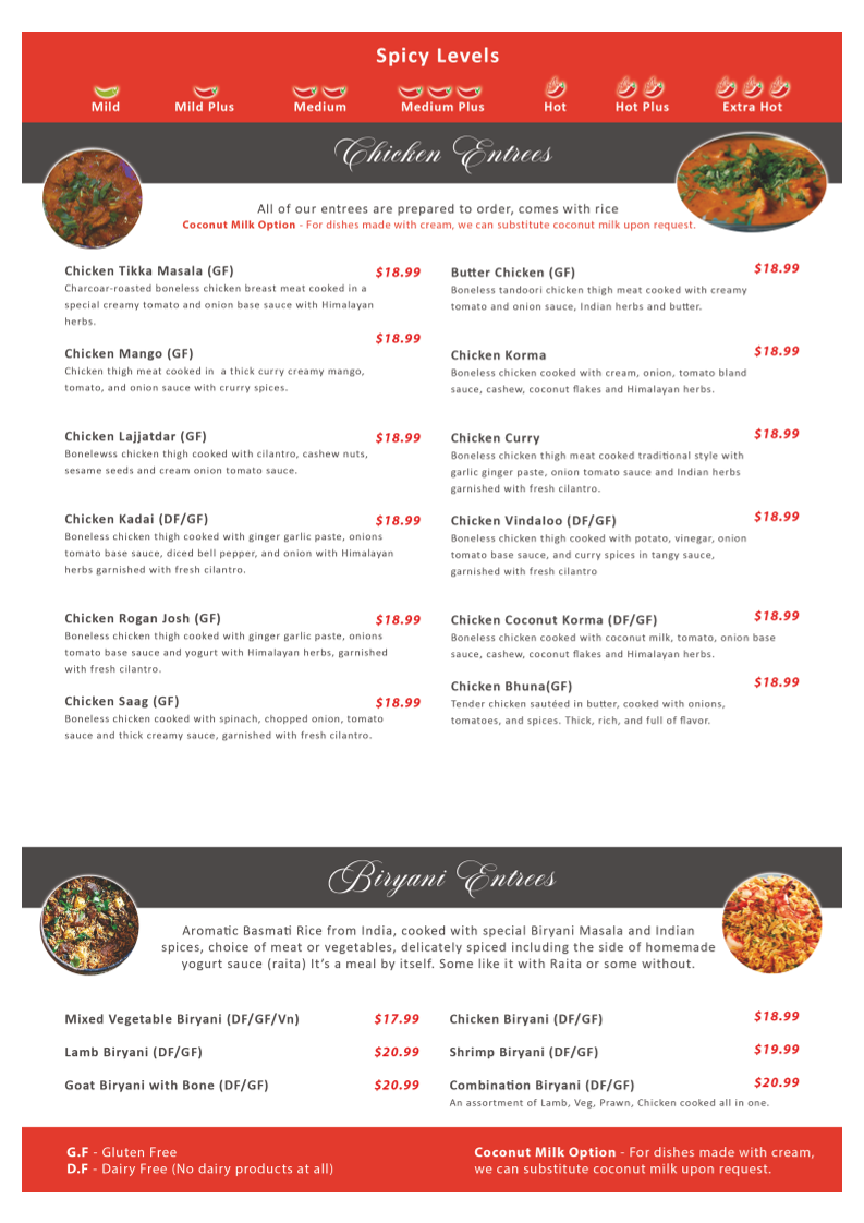 Everest Indian Kitchen menu board
