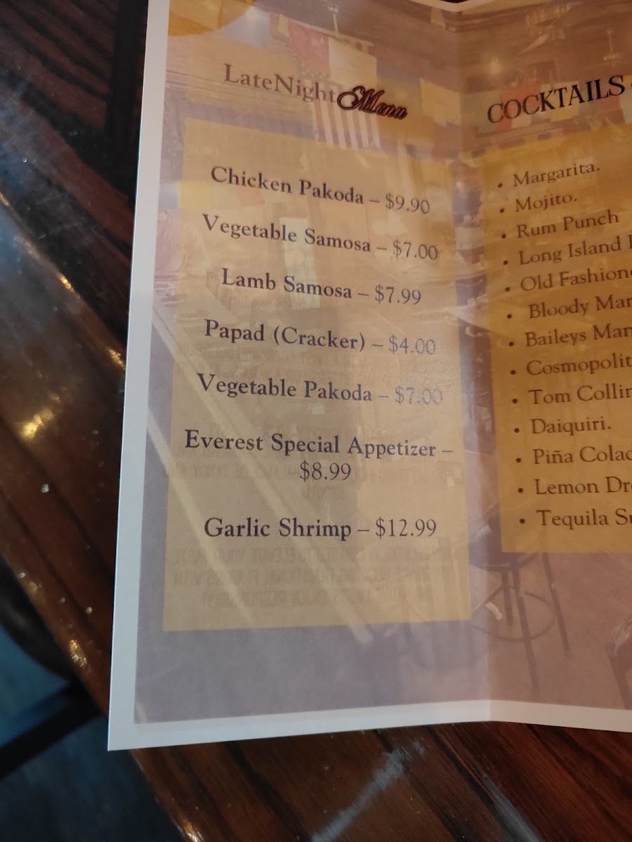 Everest Indian Kitchen menu board