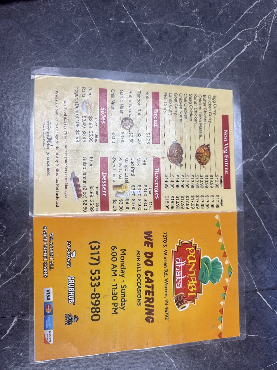 Panjabi Dhaba menu board