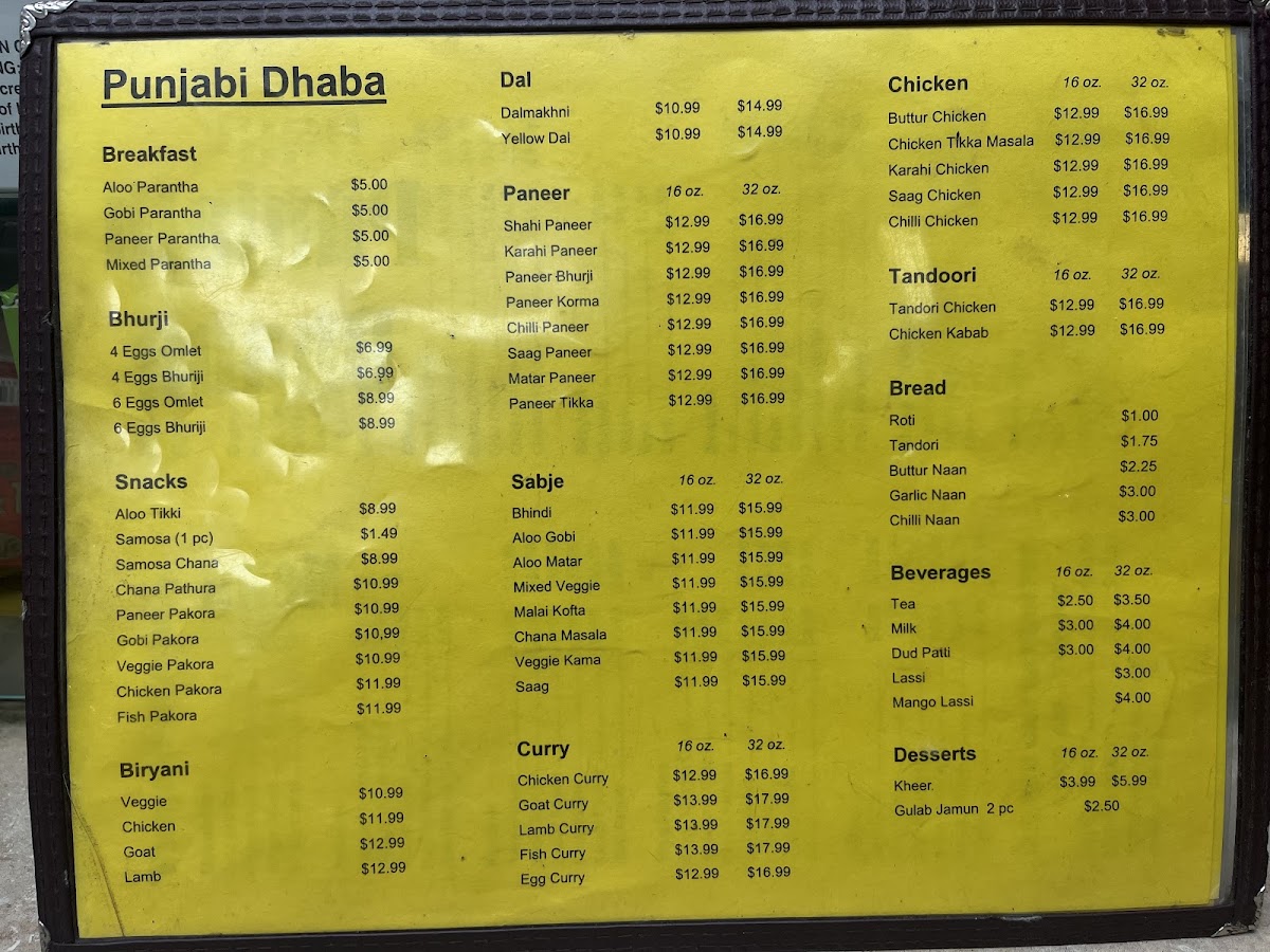 Panjabi Dhaba menu board