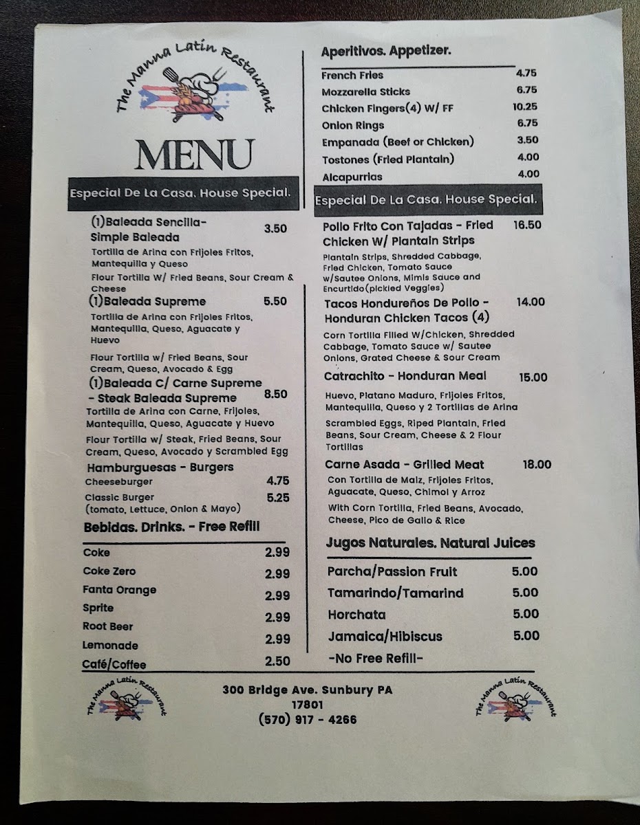 The Manna Latin Restaurant menu board