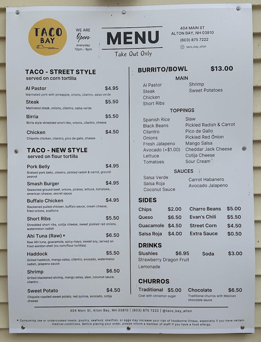 Taco Bay - Alton menu board
