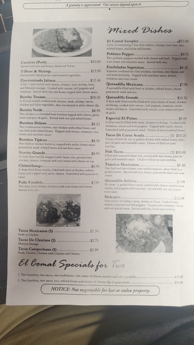El Comal Mexican Restaurant menu board