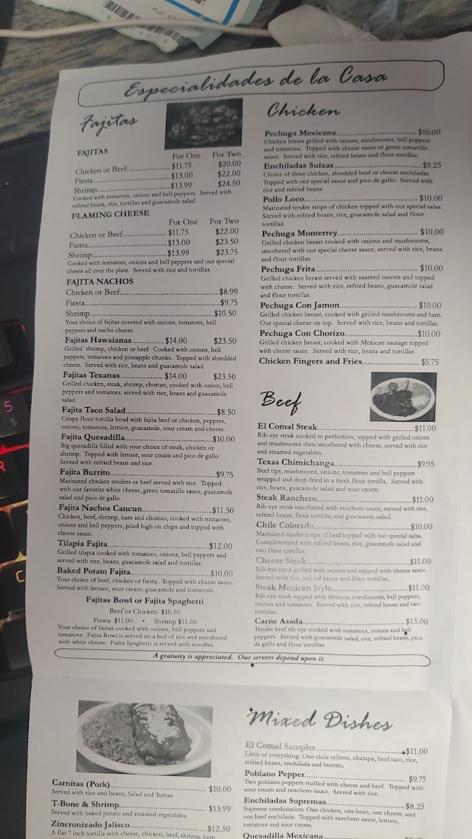 El Comal Mexican Restaurant menu board