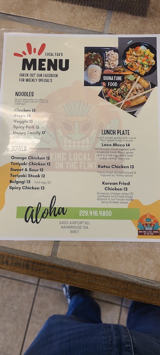 Ono Kine Local Grindz on the Flint menu board