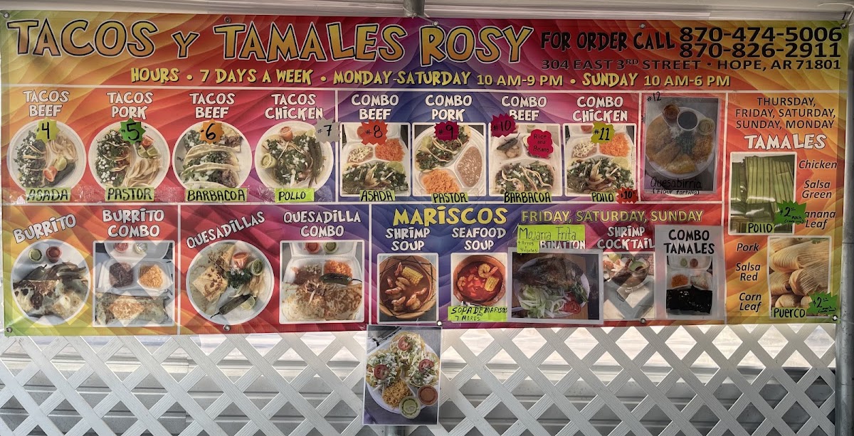 Tacos y tamales Rossy menu board