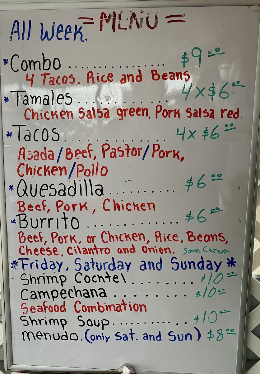 Tacos y tamales Rossy menu board