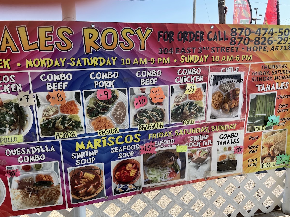 Tacos y tamales Rossy menu board