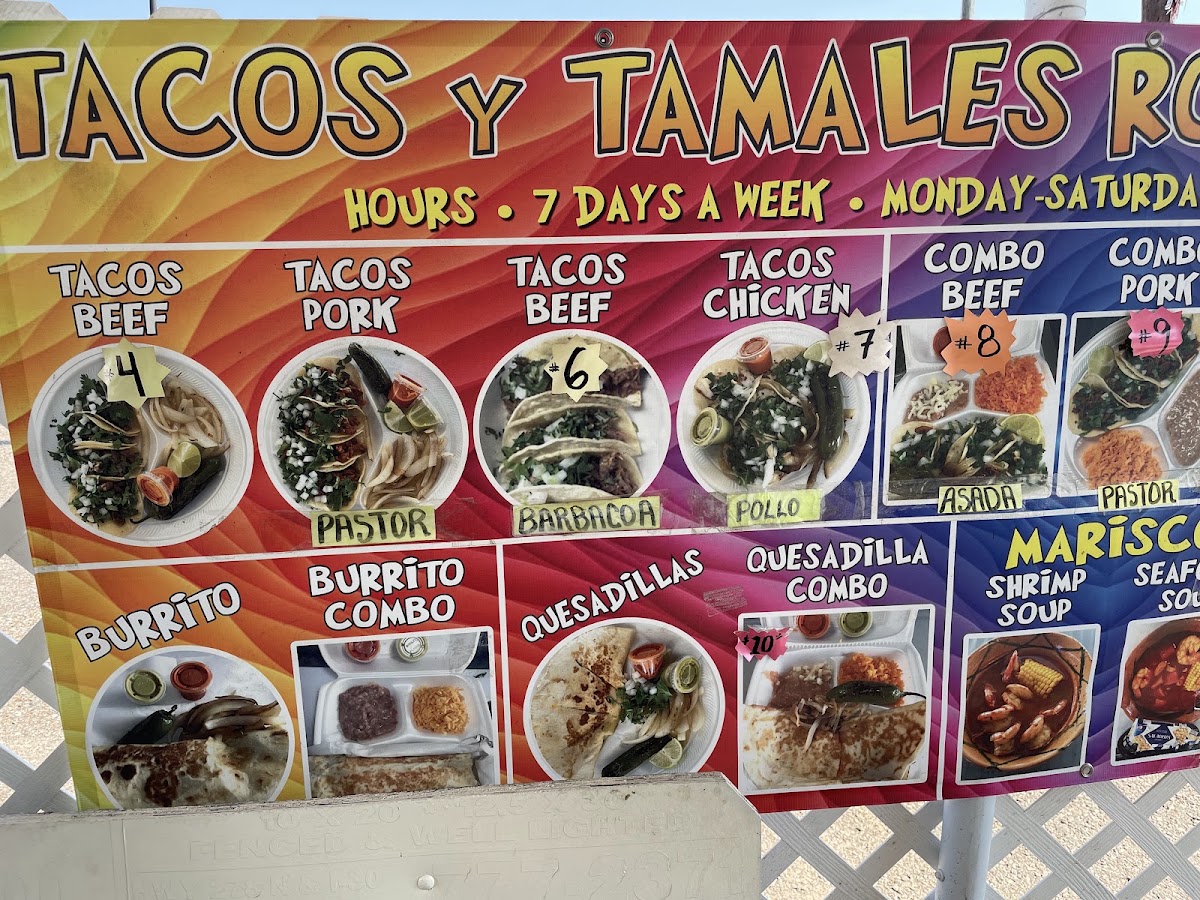 Tacos y tamales Rossy menu board