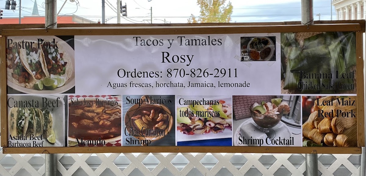 Tacos y tamales Rossy menu board
