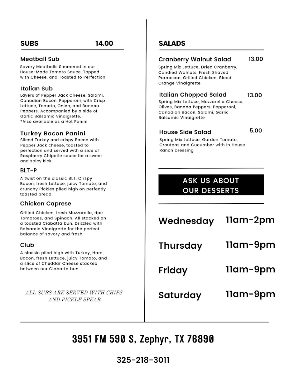 The Mill at Zephyr menu board