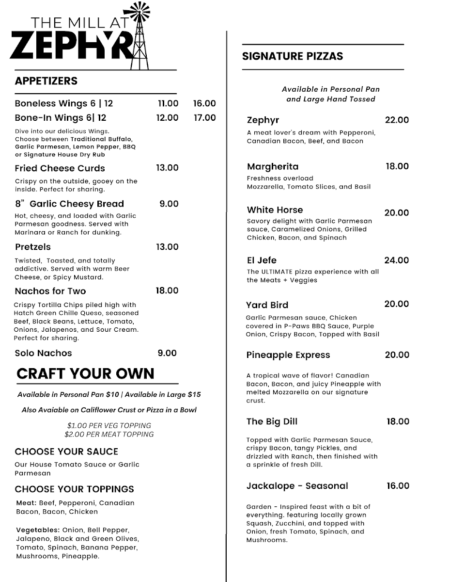 The Mill at Zephyr menu board