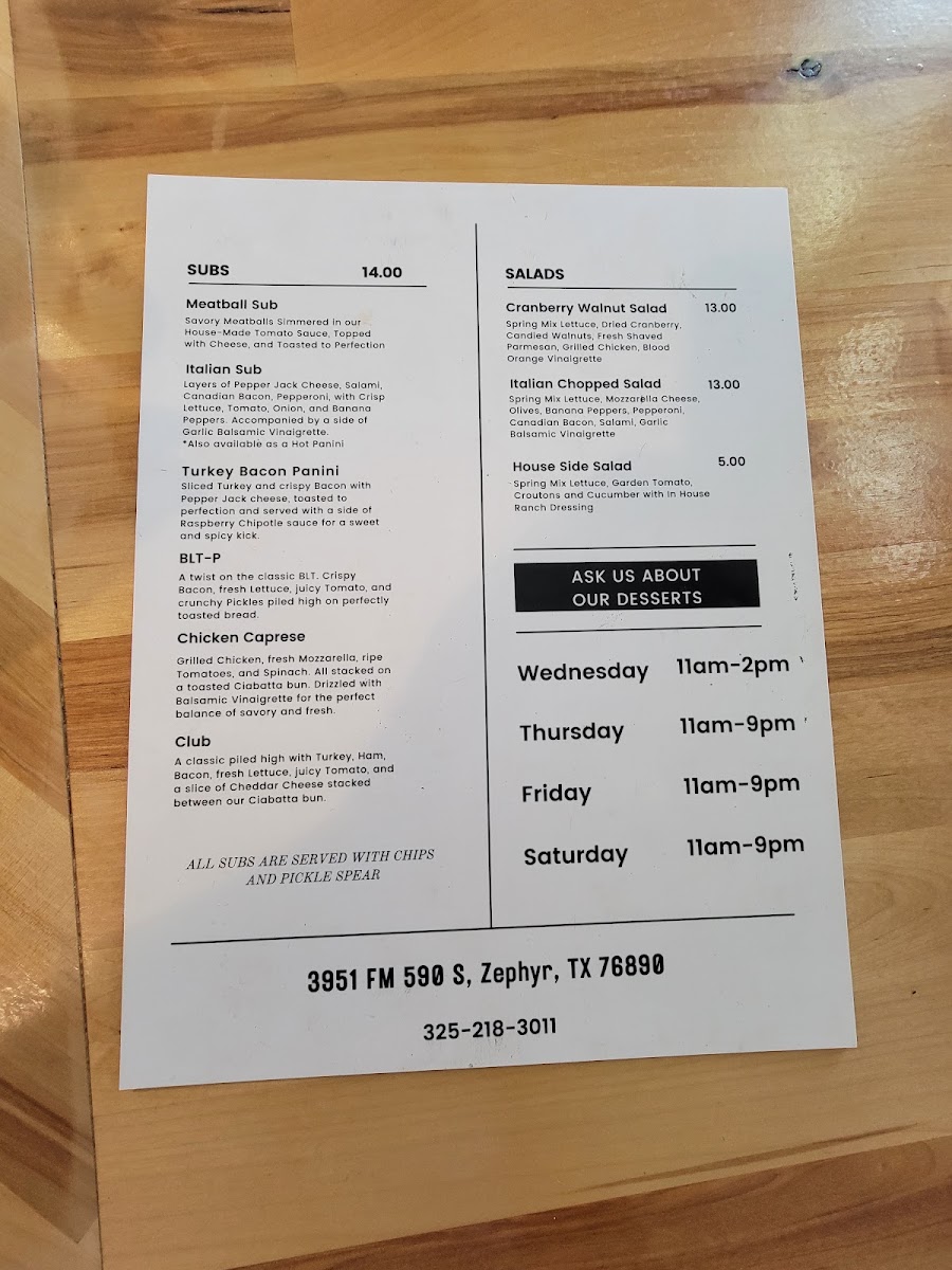 The Mill at Zephyr menu board