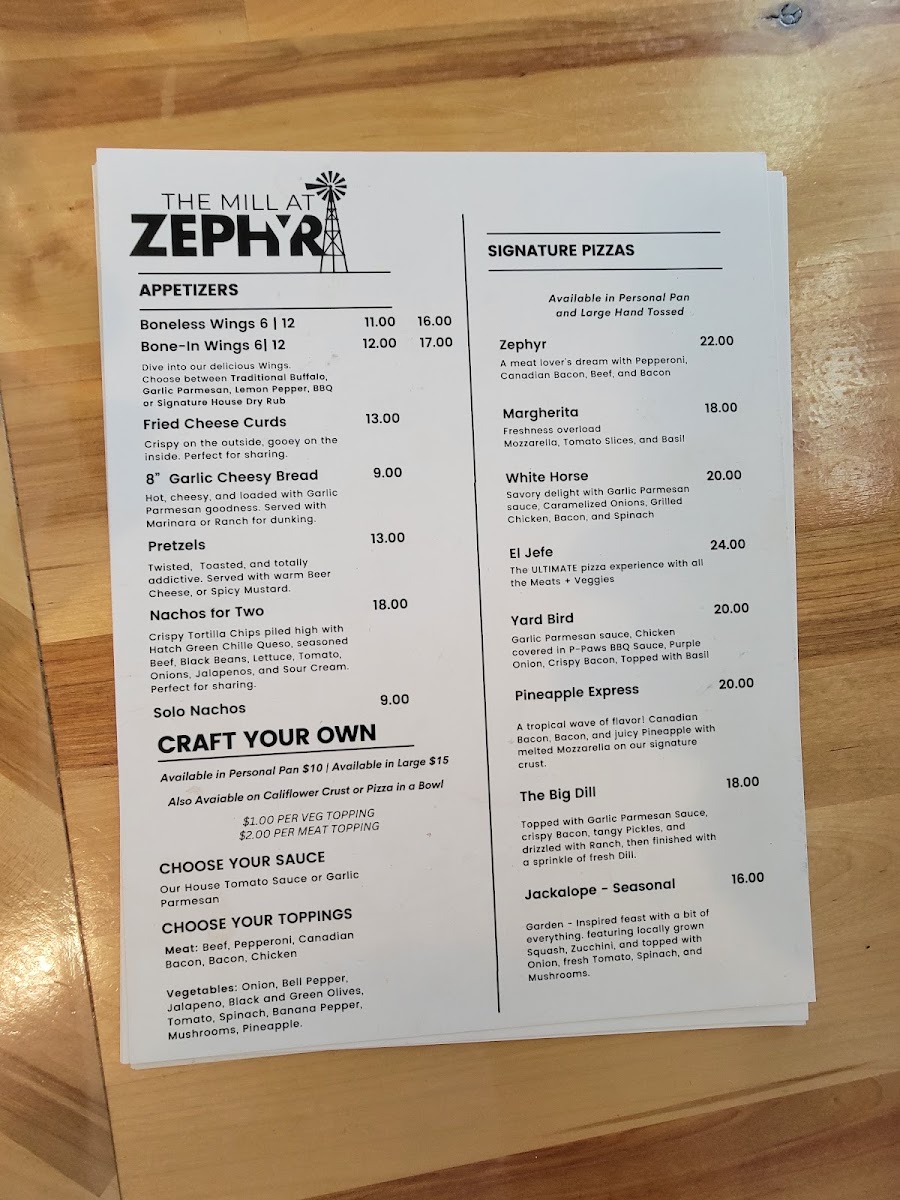 The Mill at Zephyr menu board