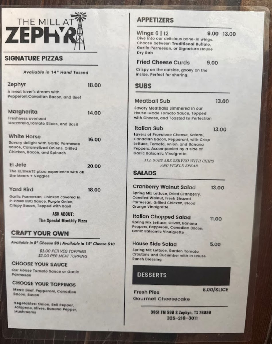 The Mill at Zephyr menu board