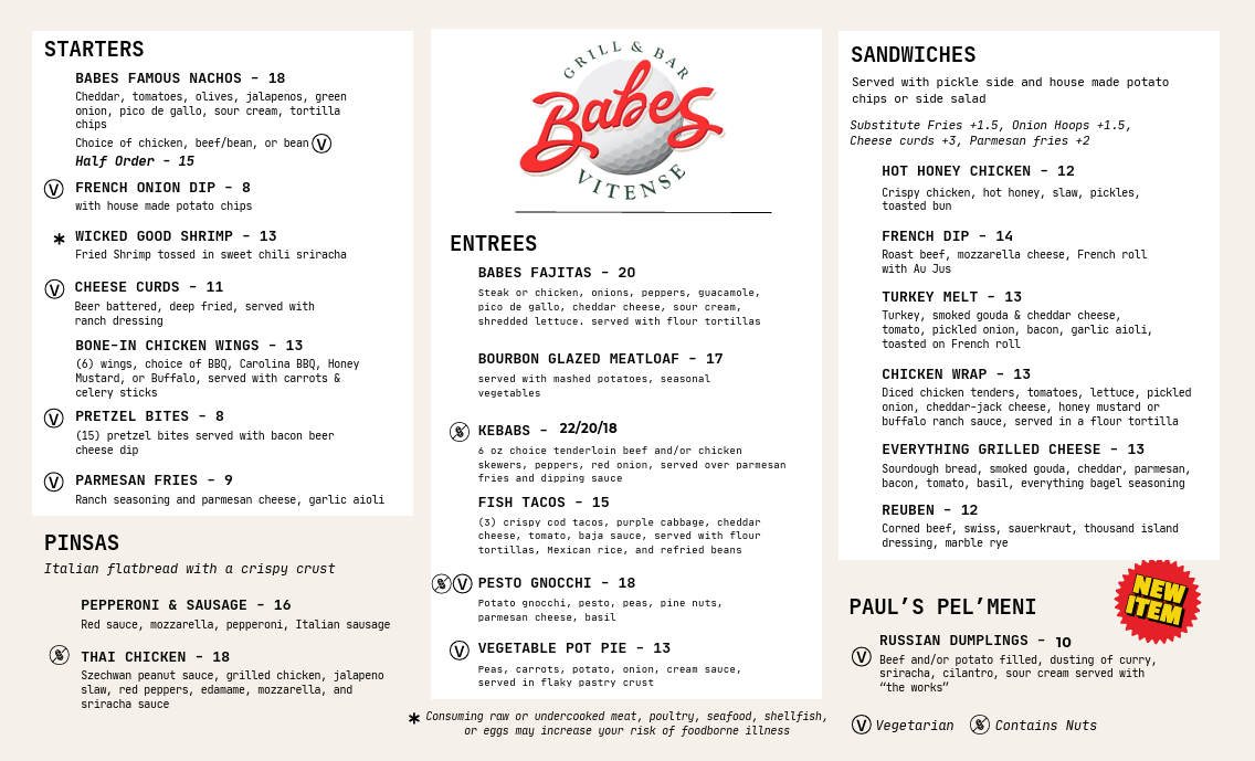 Babes At Vitense Grill And Bar menu board